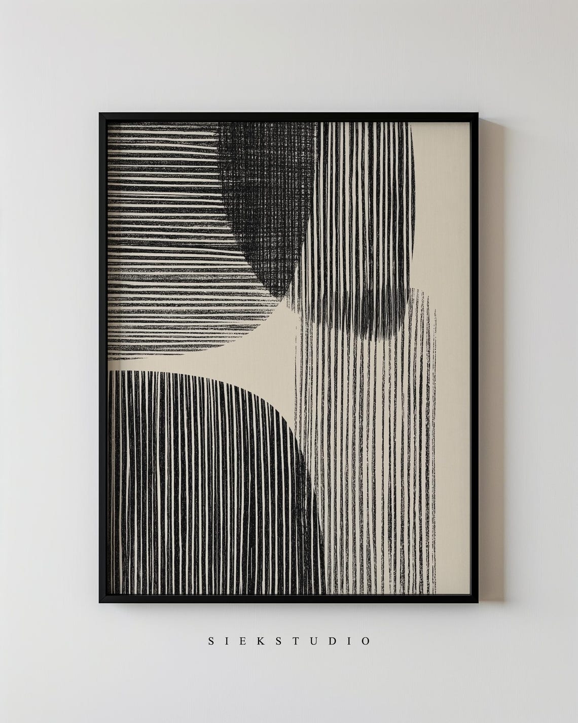 Overlapping Striped Shapes Black Cream Geometric Abstract Art Poster