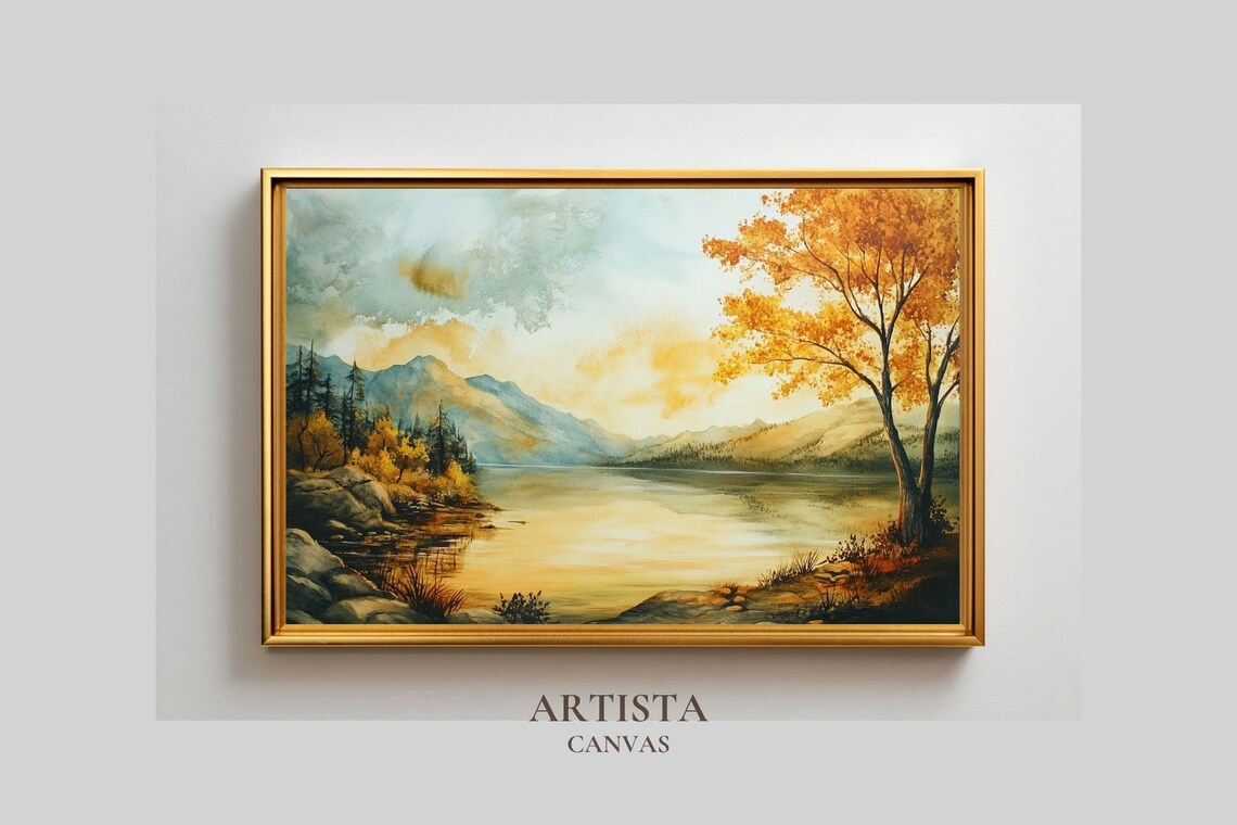 Golden Autumn Lake Mountains Watercolor Landscape Painting Poster