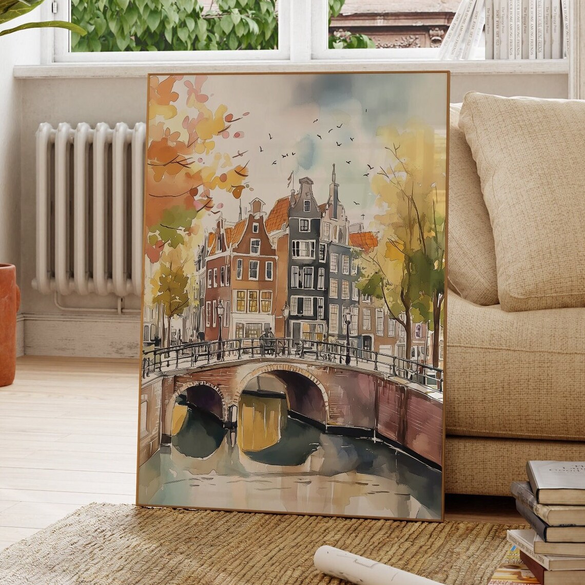 Amsterdam Canal Autumn Watercolor Gabled Houses Bridge Poster