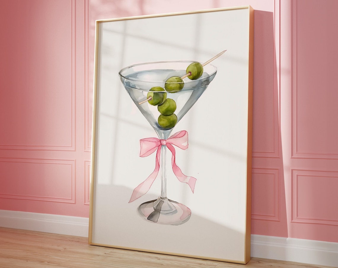 Martini Cocktail Watercolor Poster Pink Bow Bar Cart Wall Decor