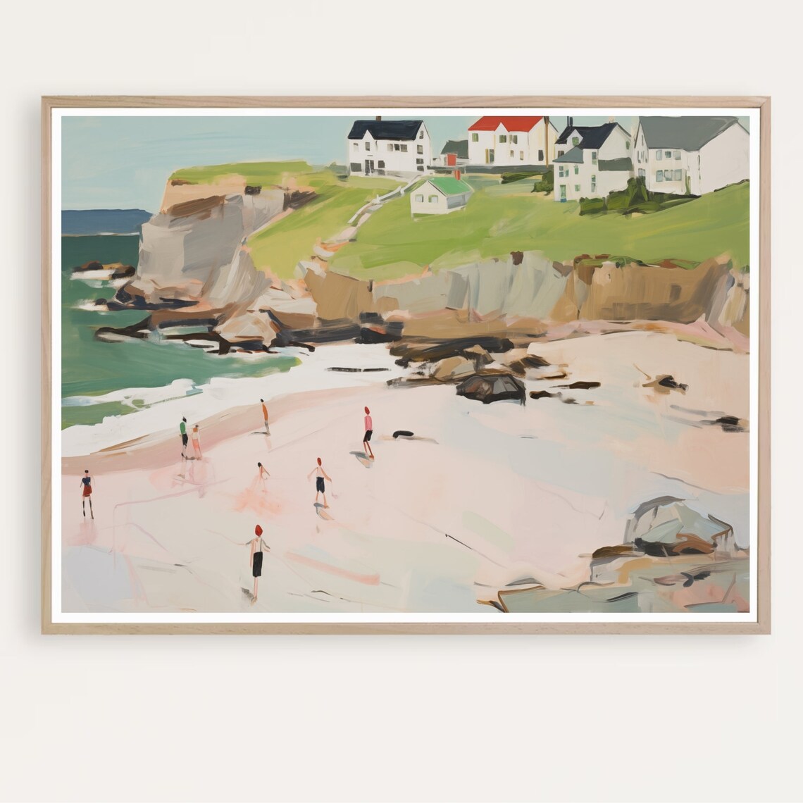 New England Coastal Beach Pastel Cliff Houses Ocean Painting Poster