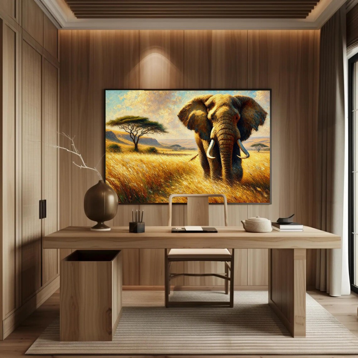 Majestic Elephant In A Golden Grassland Print Wildlife Oil Painting Rustic African Wall Art Living Room Bedroom Ready To Hang - Image 3