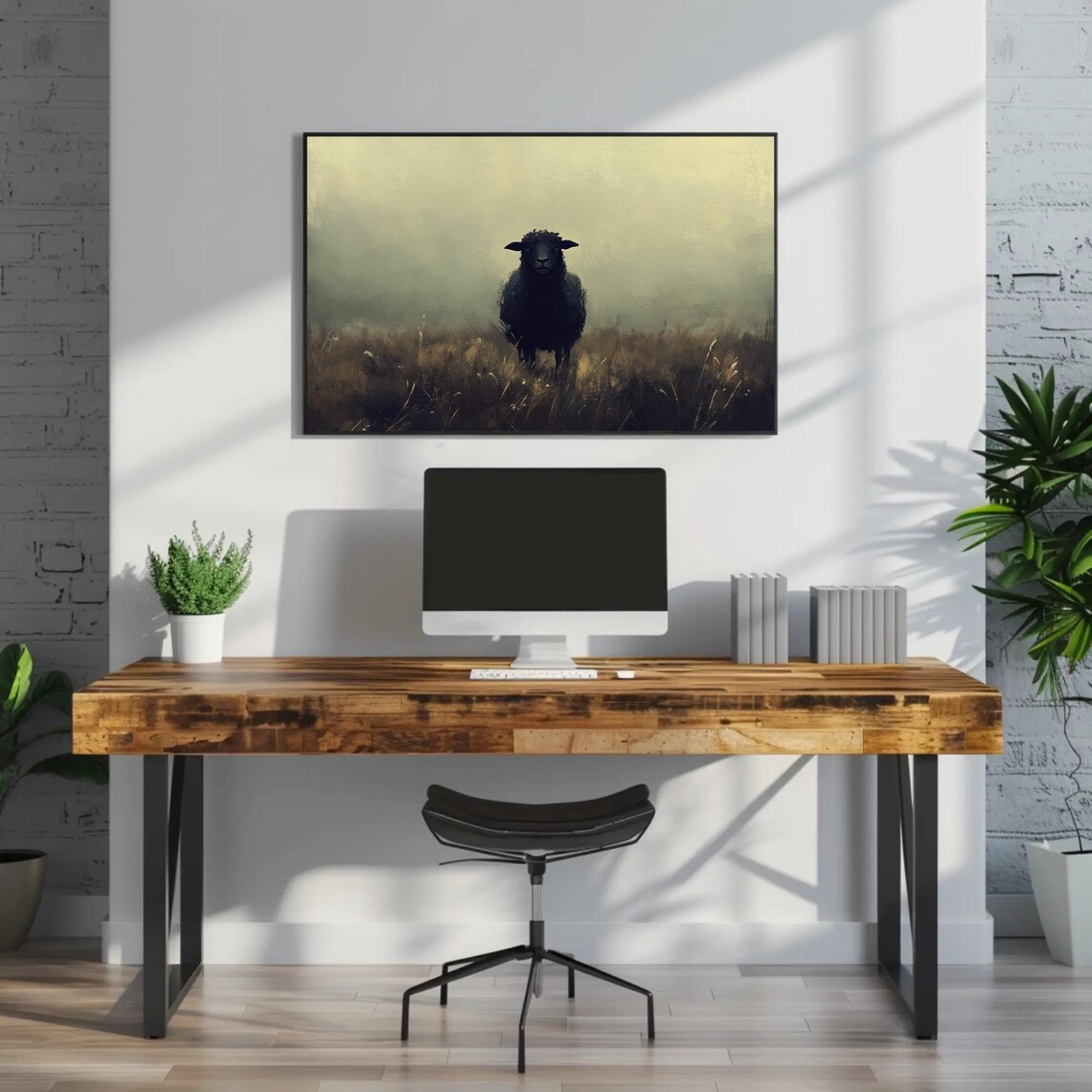 Black Sheep Standing In A Misty Field Moody Farm Animal Poster - Image 3
