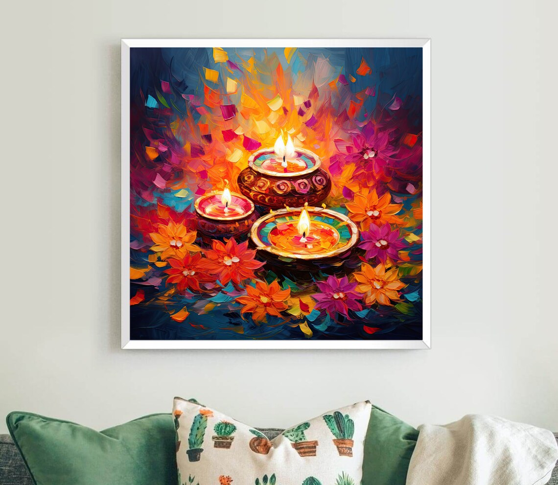Diwali Diya Oil Painting Art Print, Indian Gift