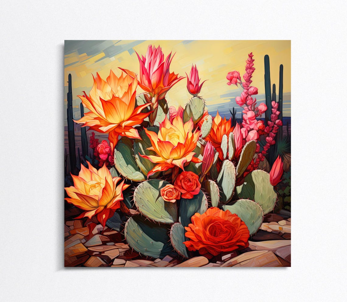 Blooming Prickly Pear Cactus Flowers Desert Scene Art Poster - Image 5