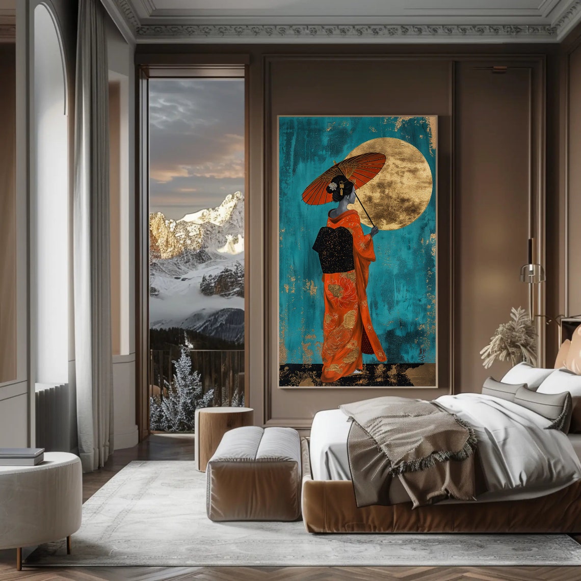 Geisha With Red Parasol Under Golden Moon Japanese Art Poster - Image 4