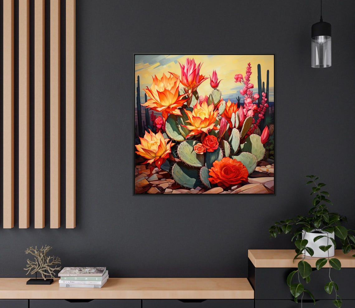 Blooming Prickly Pear Cactus Flowers Desert Scene Art Poster - Image 3
