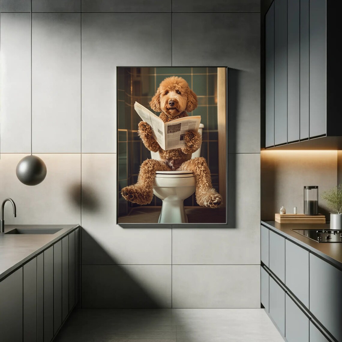 Golden Doodle Reading Newspaper on Toilet Funny Bathroom Poster - Image 3