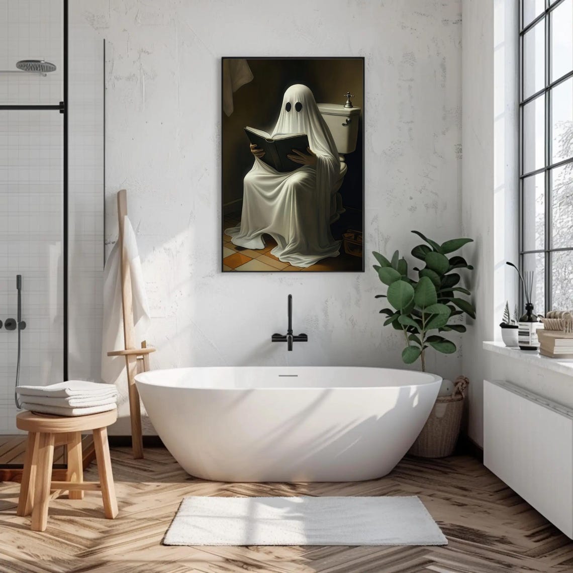 Ghost Reading Book on Toilet Funny Spooky Bathroom Humor Poster - Image 4