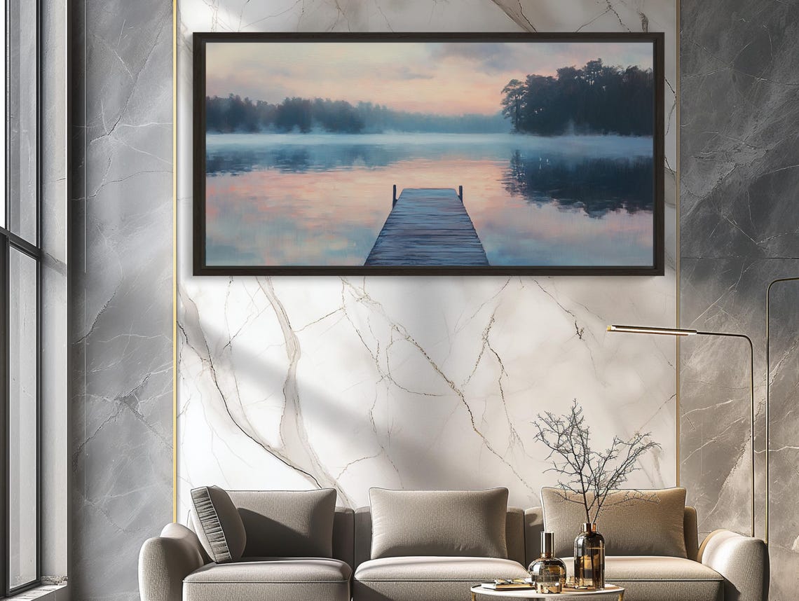 Quiet Lake At Dawn Panoramic Painting Print Tranquil Nature Wall Art Serene Morning Reflections Decor Landscape - Image 2