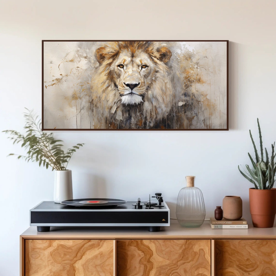 Abstract Lion Portrait in Warm Gold and Gray Brushstrokes Poster - Image 3