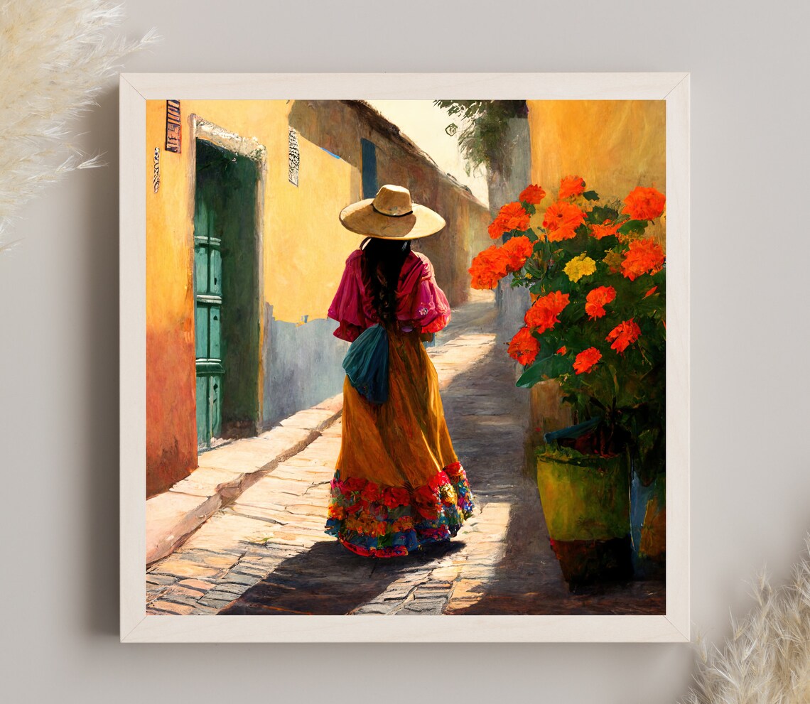 Mexican Woman In Folk Dress Marigold Alley Sombrero Art Poster - Image 4