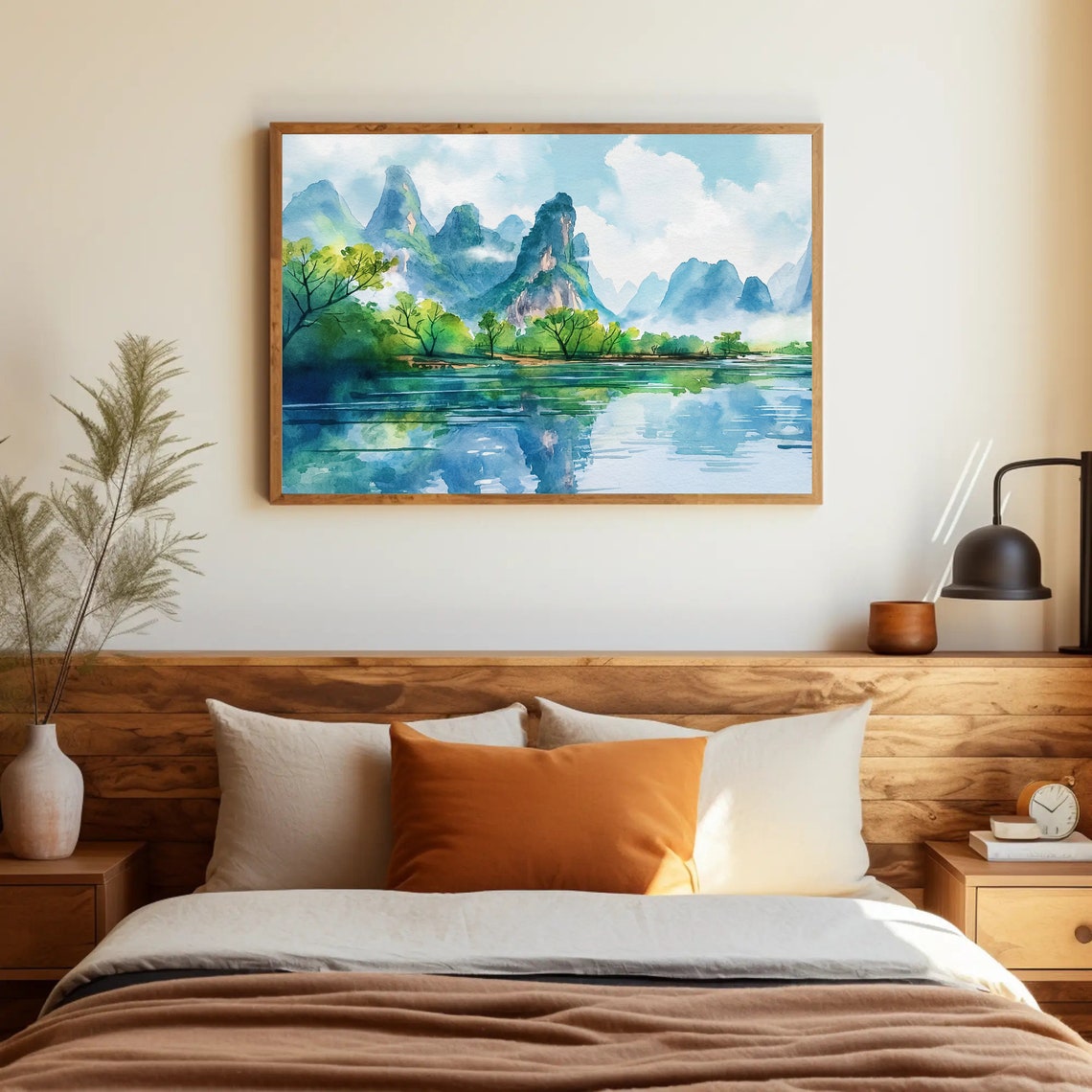 Guilin Karst Peaks Over Emerald River China Watercolor Poster - Image 3