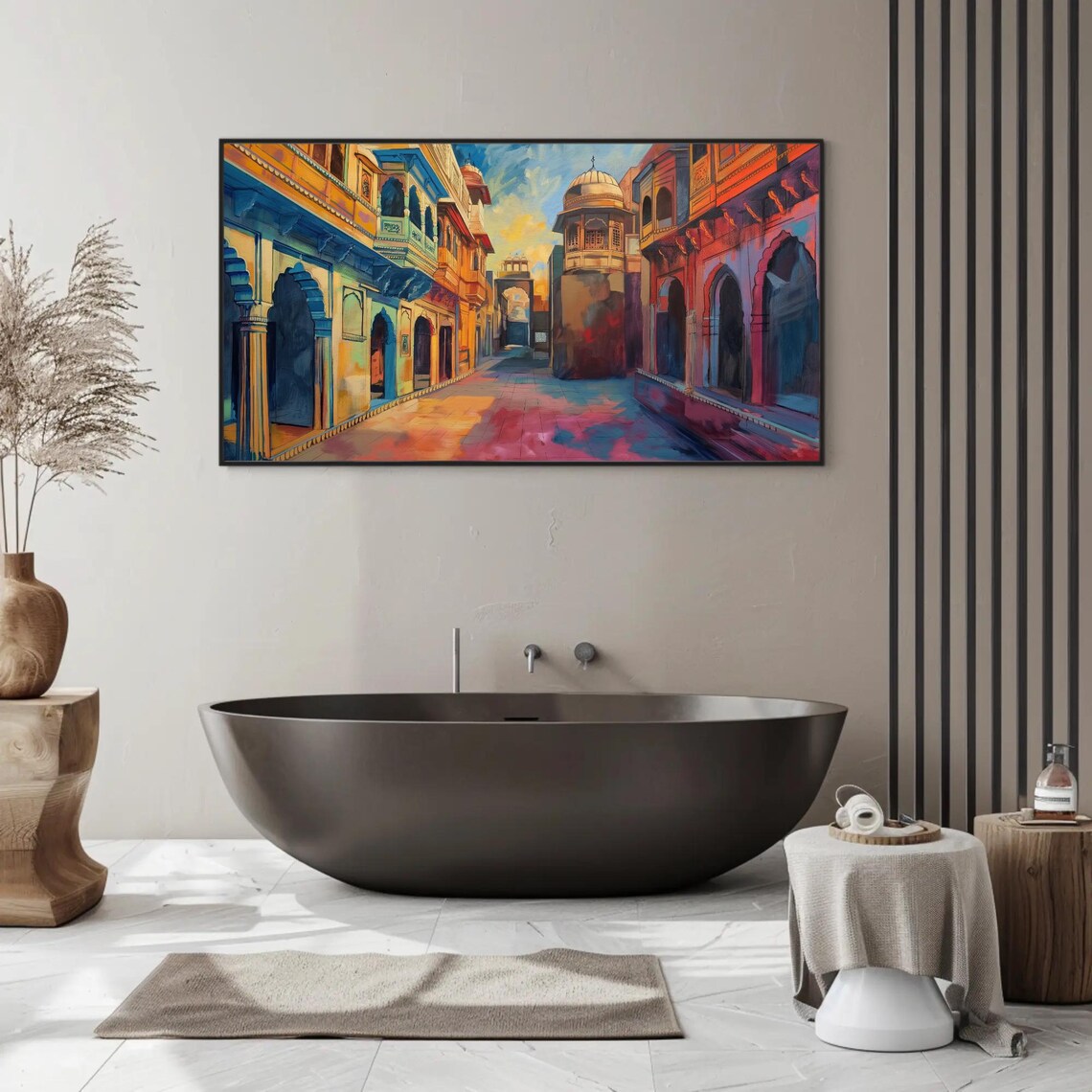 Jaipur Streets Colorful Oil Painting Indian Wall Art Framed Rajasthan Cityscape For Living Room Bedroom Office Ready To Hang - Image 2