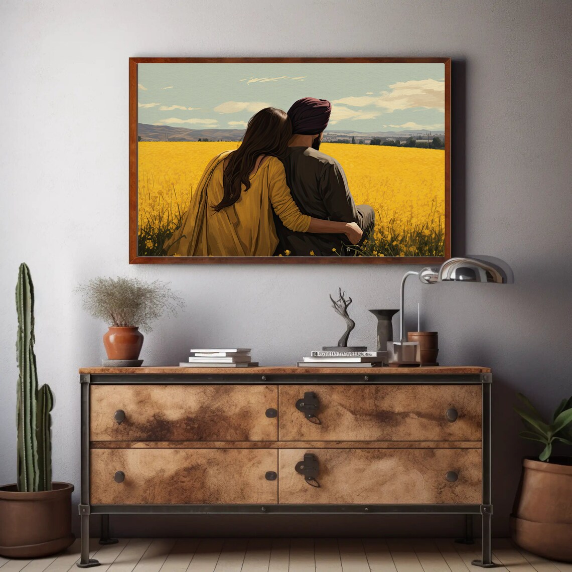 Punjabi Sikh Couple at Sarso Farm Yellow Mustard Field Art Print - Image 2
