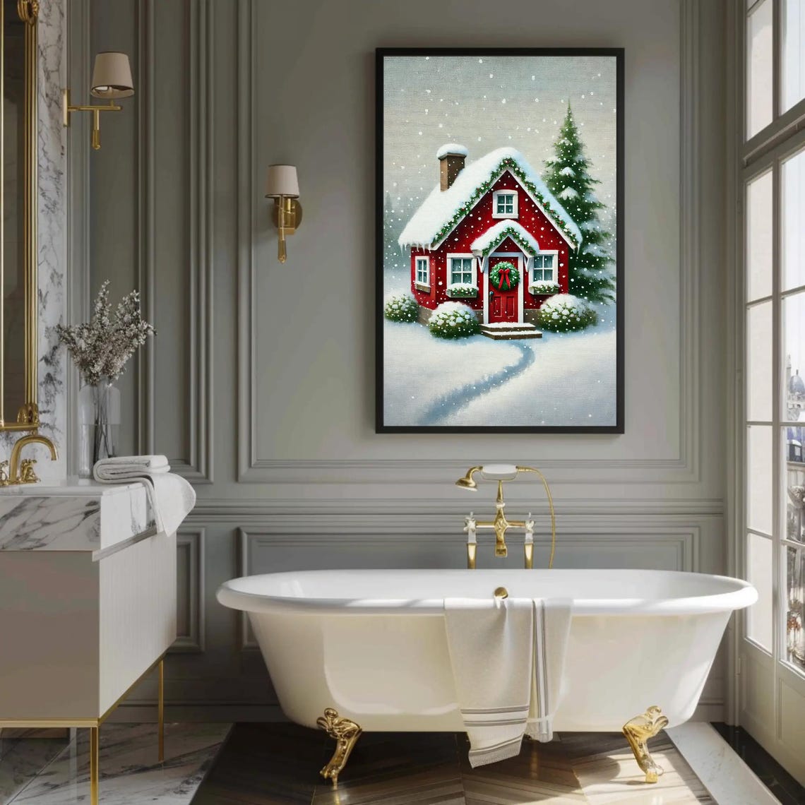Red Snowy Cottage With Christmas Wreath In Winter Scene Poster - Image 4
