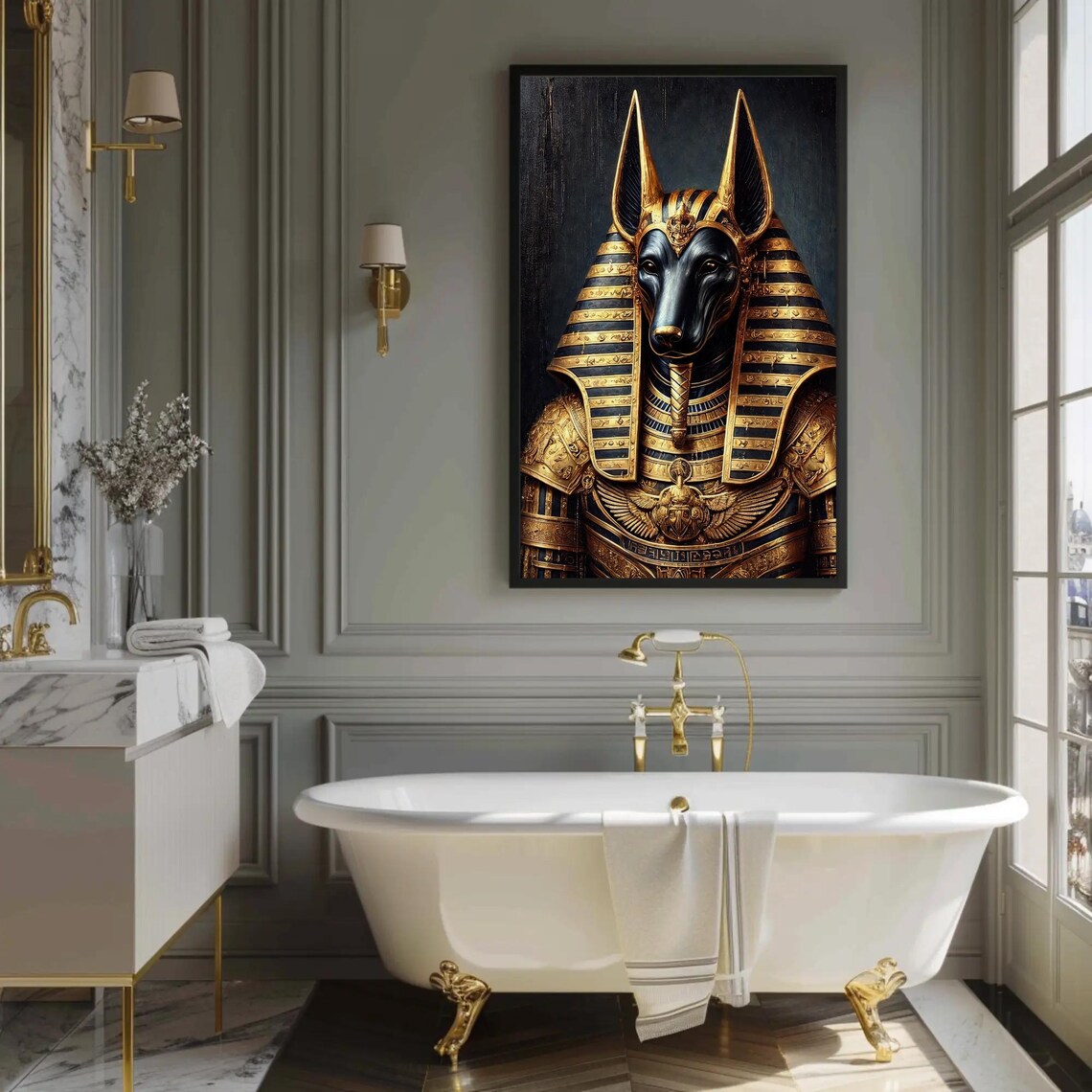 Golden Anubis Portrait with Striped Pharaonic Headdress on Black Poster - Image 2