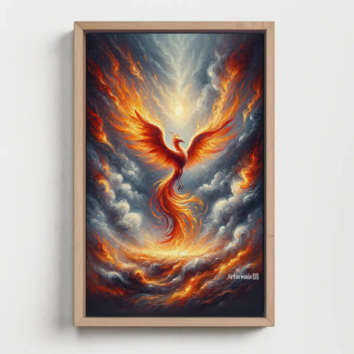 Flaming Phoenix Rising Through Storm Clouds Fantasy Art Poster
