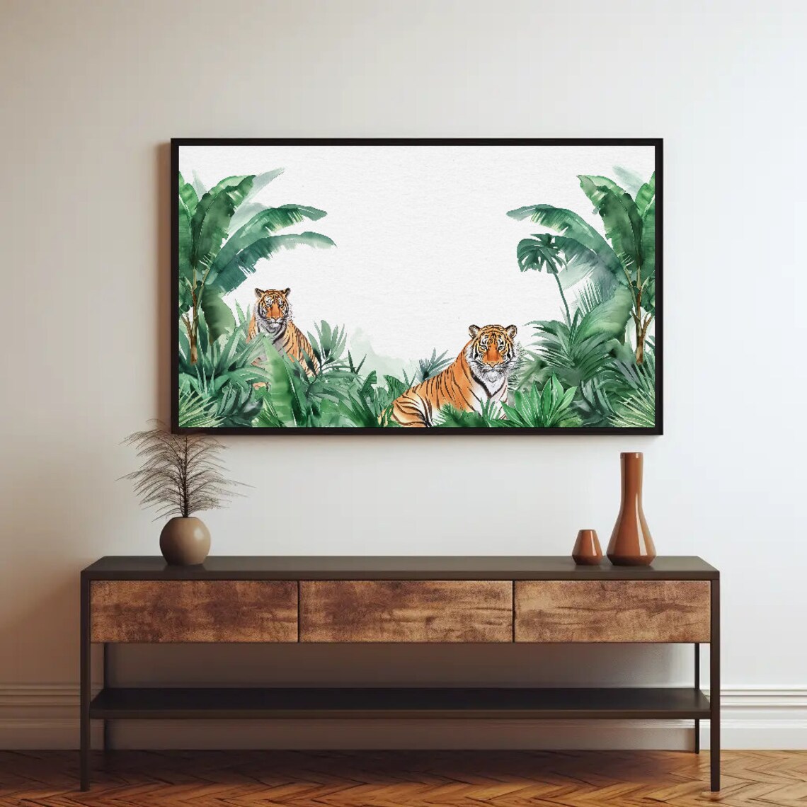Two Tigers Resting in Green Jungle Foliage Watercolor Poster - Image 4
