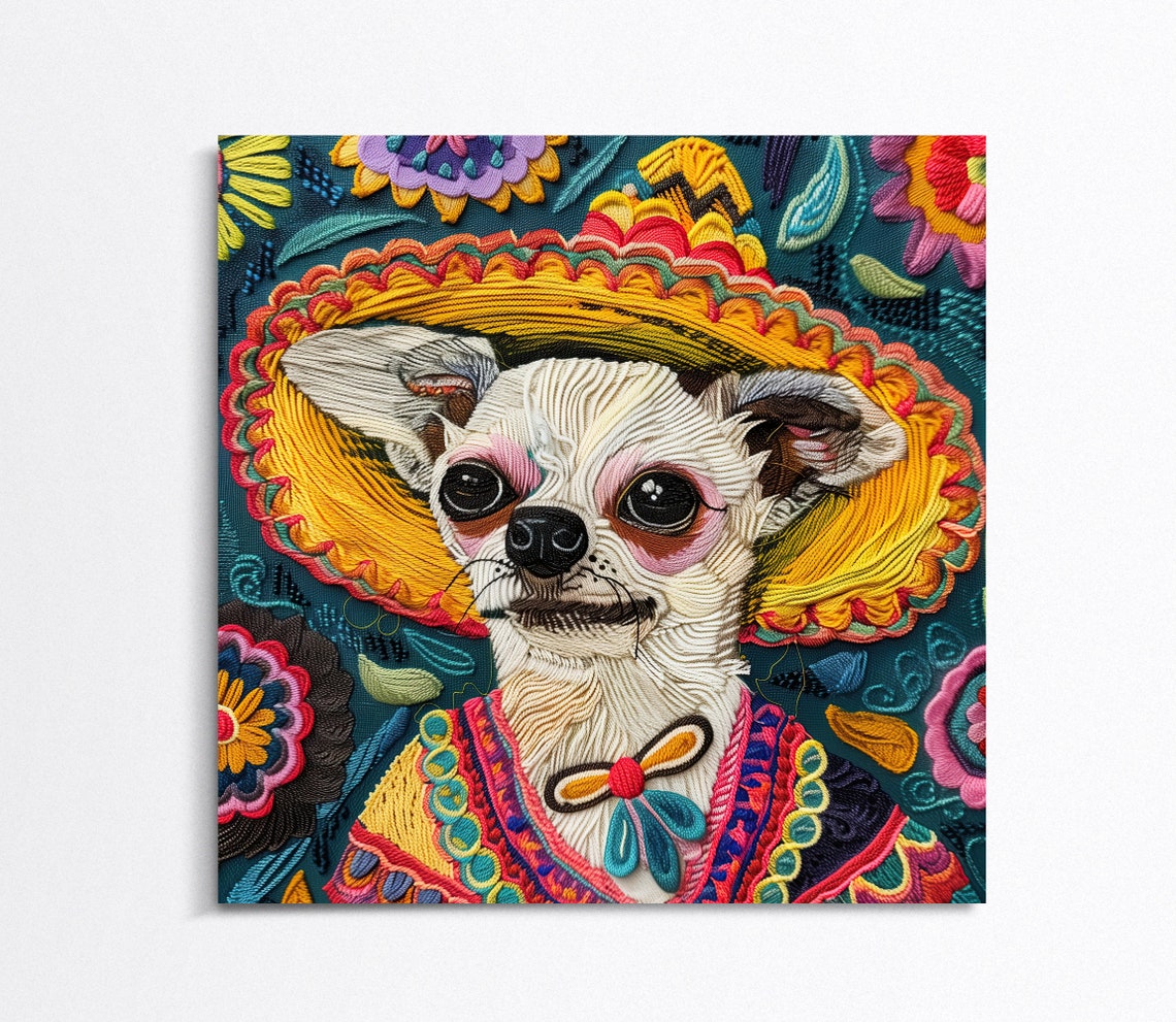 Chihuahua in Sombrero Huichol Yarn Art Poster Mexican Folk Decor - Image 2