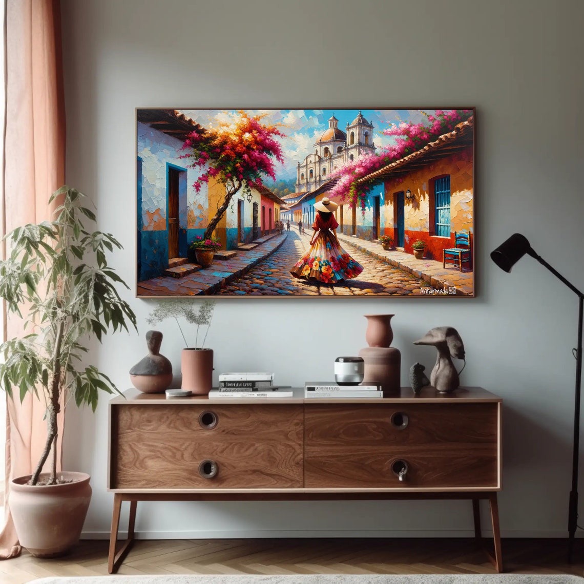 Colorful Mexican Street Cathedral Bougainvillea Town Scene Poster - Image 4