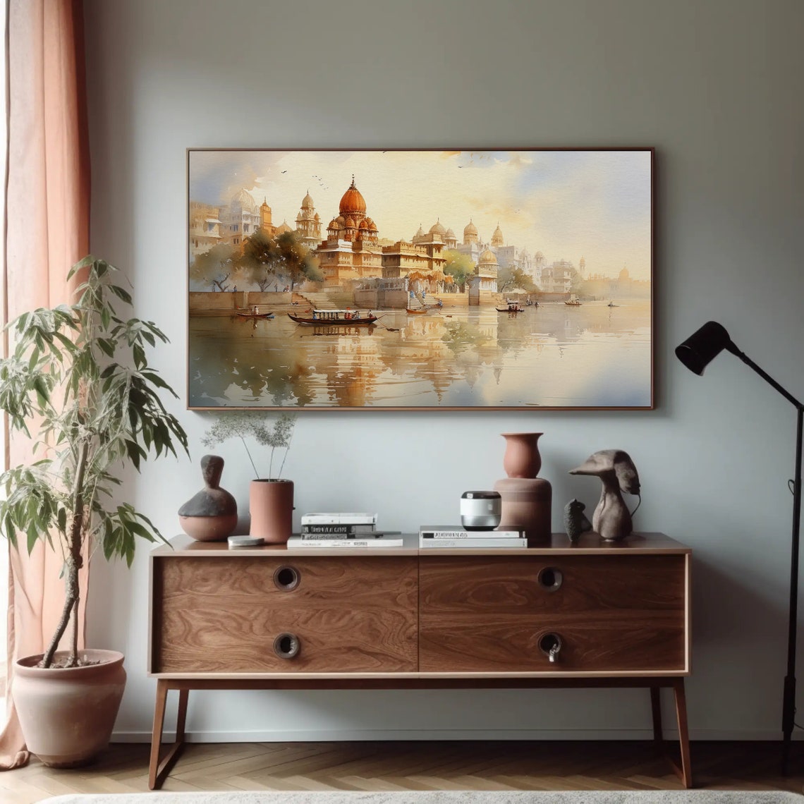 Indian Riverside Palace With Boats Watercolor Travel Art Poster - Image 3