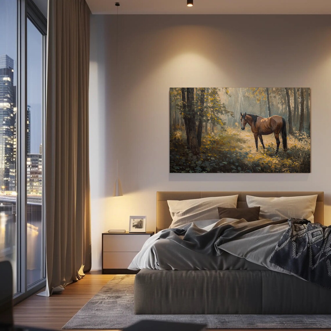Chestnut Horse Standing in Misty Golden Autumn Forest Poster - Image 5