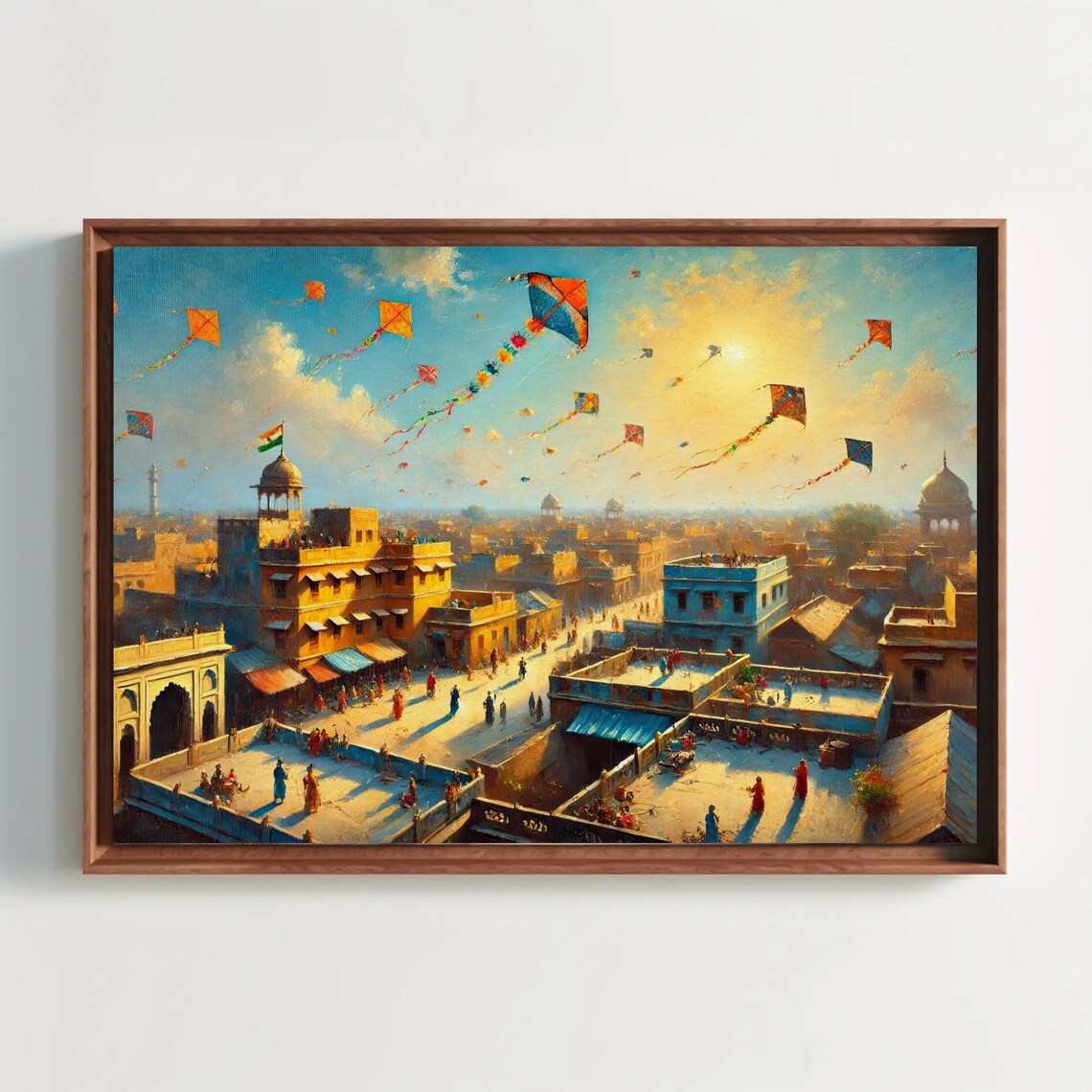 Rooftop Basant Indian Kite Festival Print Vibrant Cultural Wall Art Festive Indian Painting Living Room Bedroom Ready To Hang
