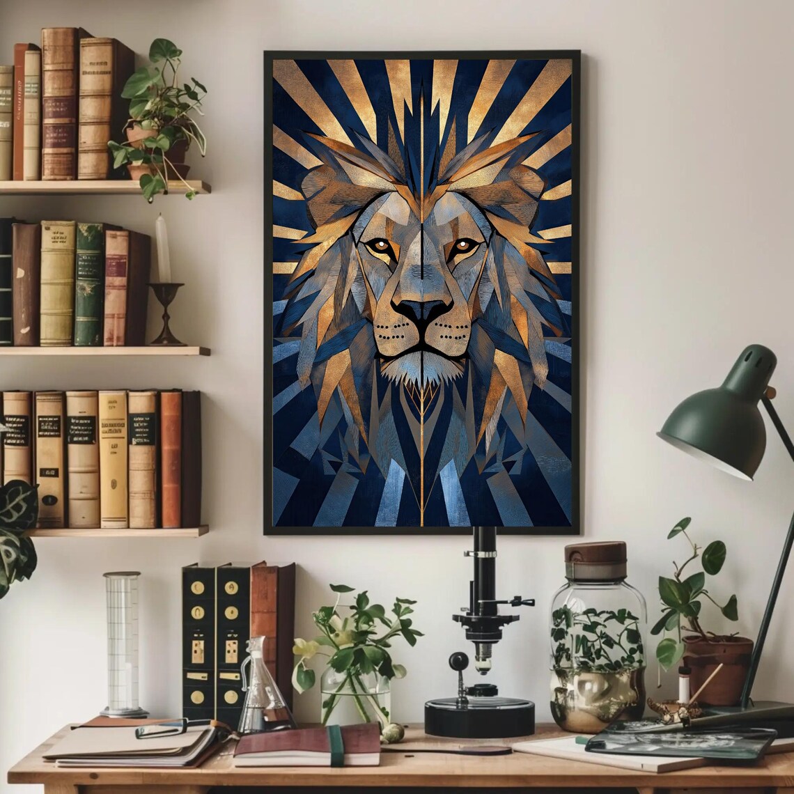Geometric Lion Portrait in Navy and Gold Art Deco Style Poster - Image 2