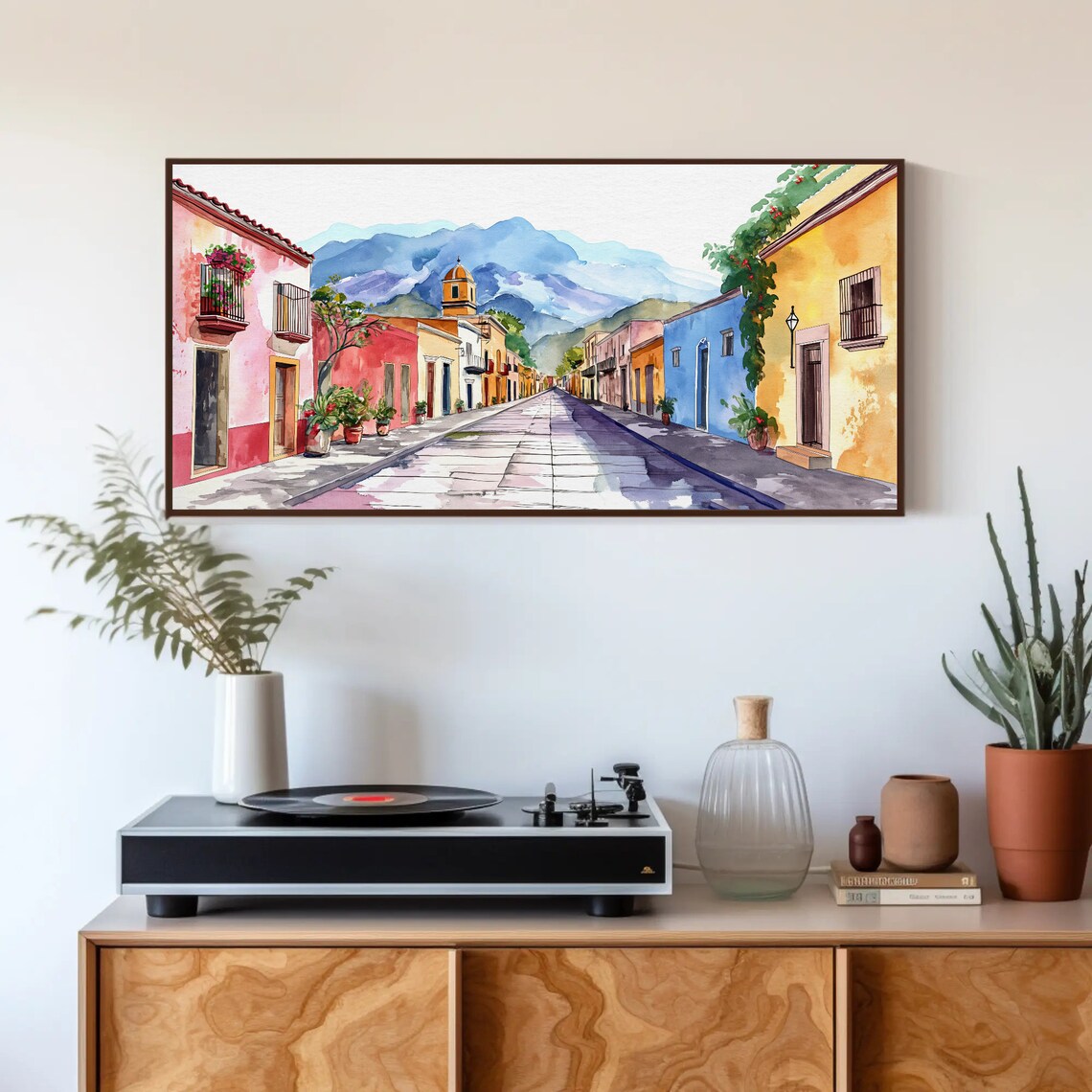 Mexican Colonial Street with Mountains and Church Watercolor Poster - Image 3