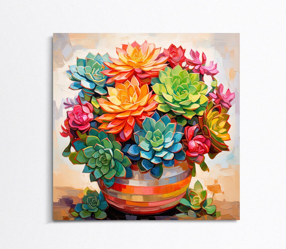 Colorful Succulents Bouquet Arrangement in Striped Bowl Art Poster - Image 5