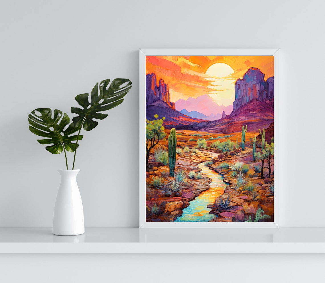 Arizona Desert Sunset Saguaro Cactus Red Mesa Painting Poster - Image 3