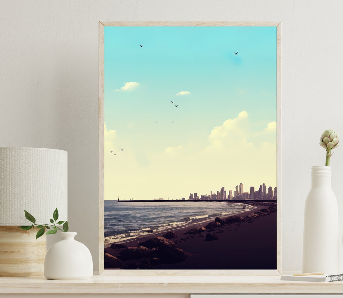 Mumbai Beach Skyline at Dusk in Minimalist Seascape Style Poster