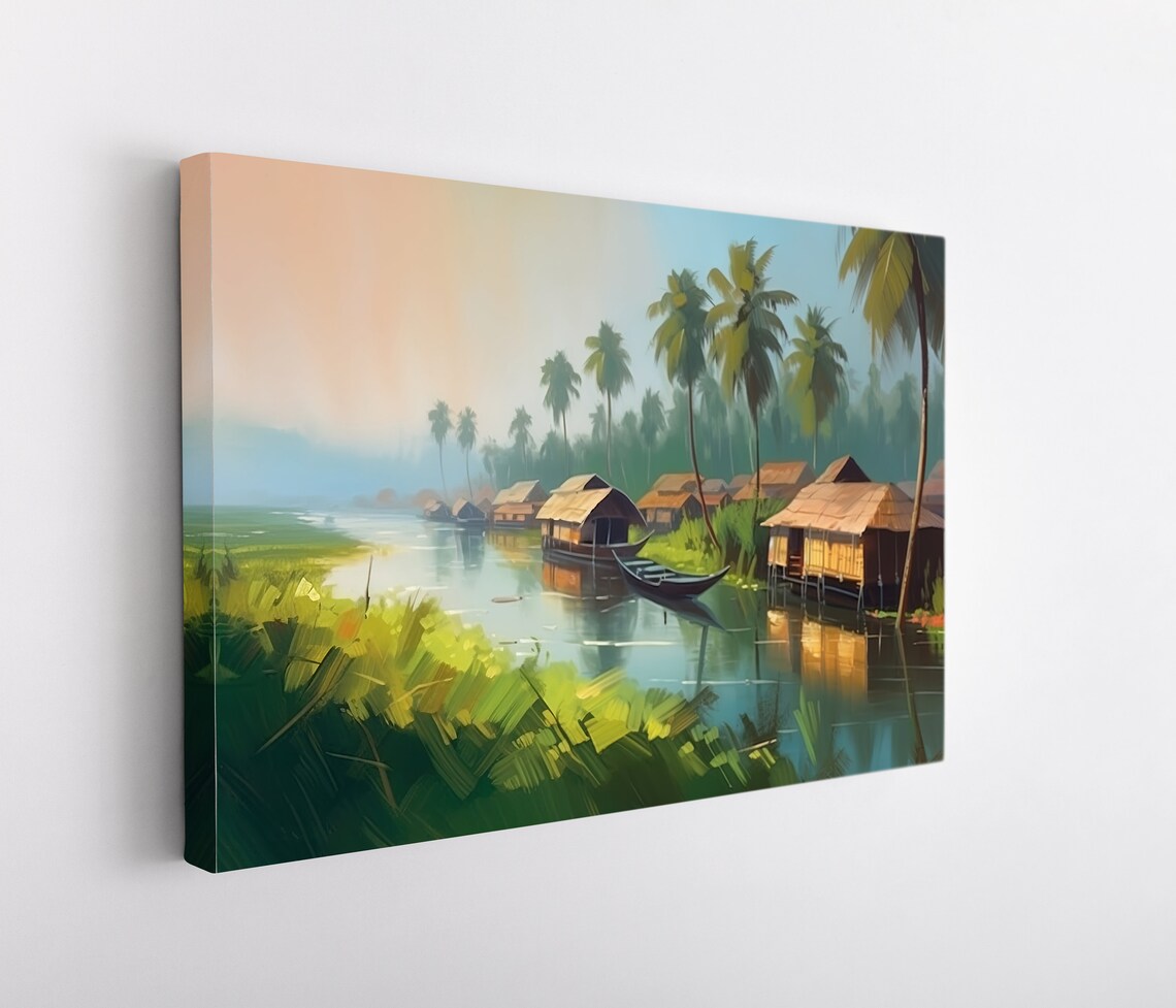 Kerala Backwaters Houseboats Palm Trees Sunrise Scene Poster - Image 5