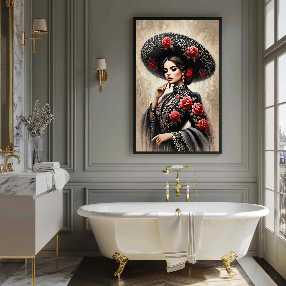 Mexican Woman In A Rose Embroidered Sombrero Folk Art Poster - Image 2