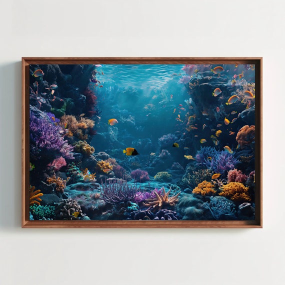 Blue Coral Reef Framed Horizontal Print Vibrant Ocean Art Underwater Landscape Coastal Wall Decor Ready To Hang Gift