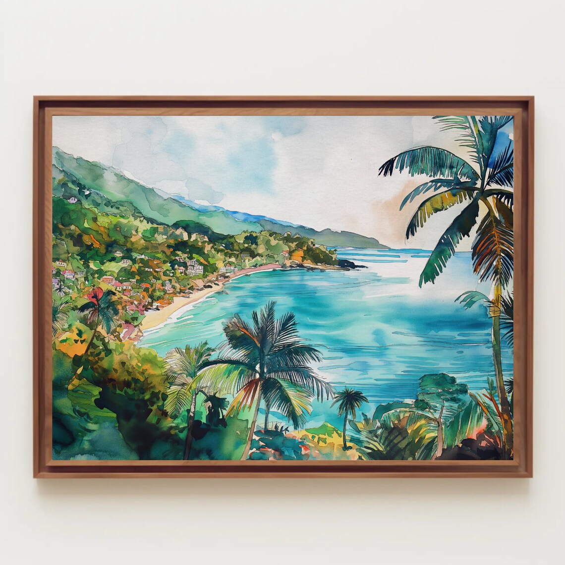 Palm-Fringed Tropical Bay Turquoise Blue Water Watercolor Poster - Image 3