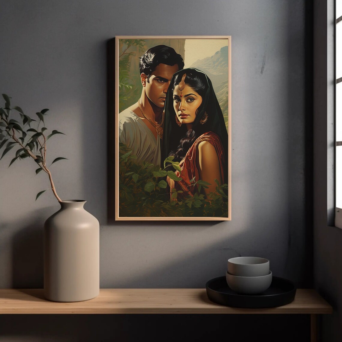 Vintage Style Indian Couple Portrait Amid Jungle Foliage Poster - Image 3