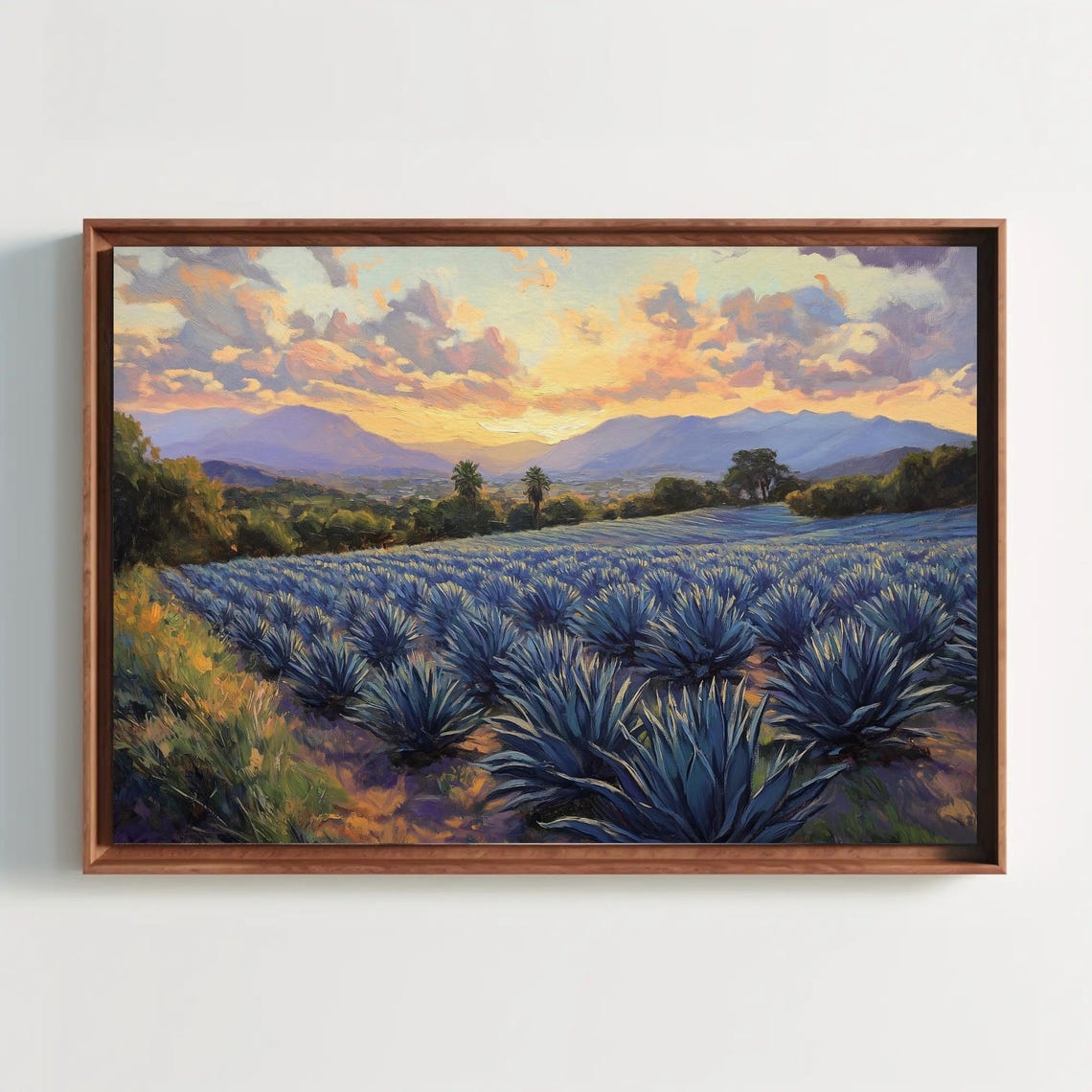Blue Agave Fields At Golden Sunset Beneath Orange Clouds Poster