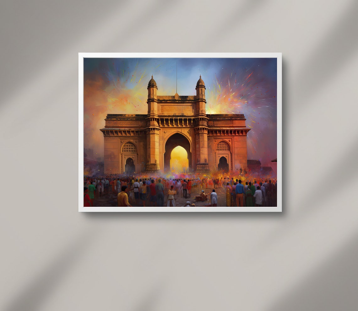 Gateway of India Holi Festival Crowd Celebration Painting Poster - Image 2