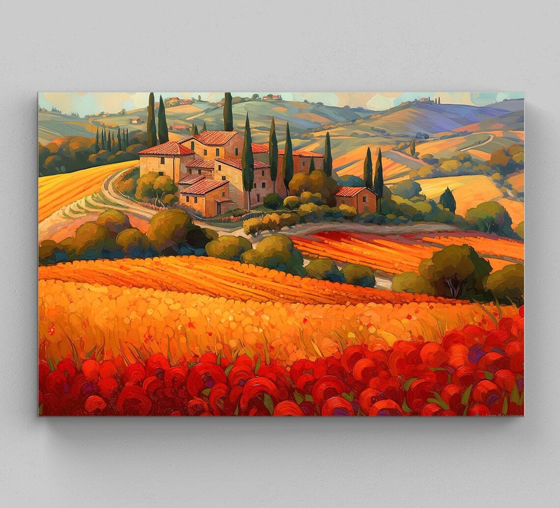 Tuscan Villa Sunset Golden Fields Cypress Trees Italian Art Poster