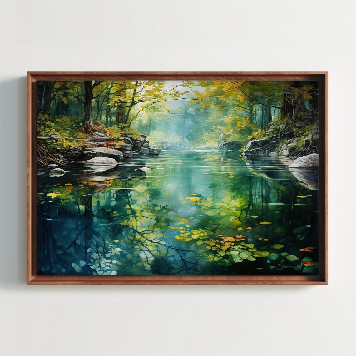 Forest Lake Mirror Reflection Clear Green Water Scene Poster