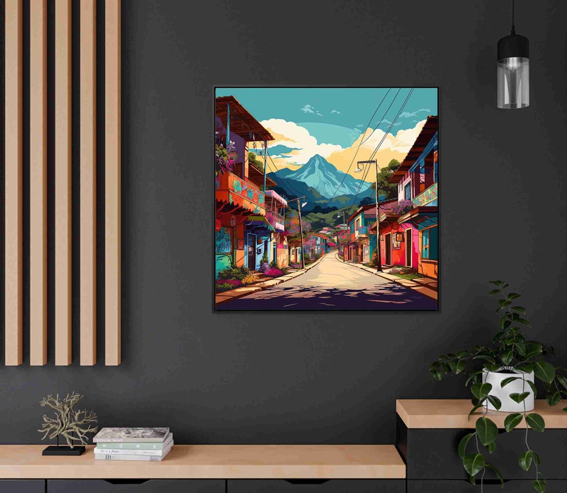 Colombia Colorful Street Shops Andes Mountain Backdrop Travel Poster - Image 2