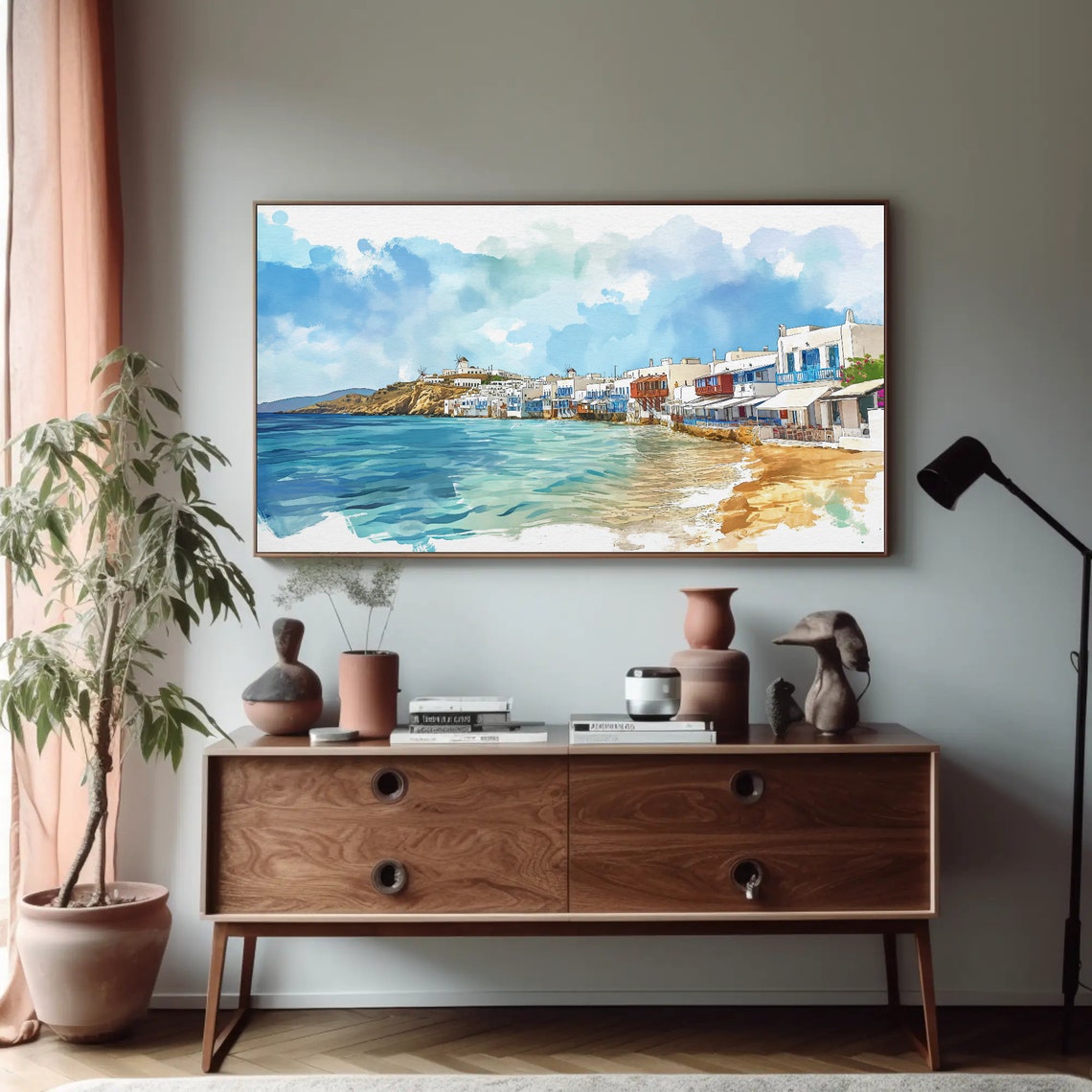 Mykonos Waterfront Whitewashed Houses Blue Watercolor Poster - Image 5