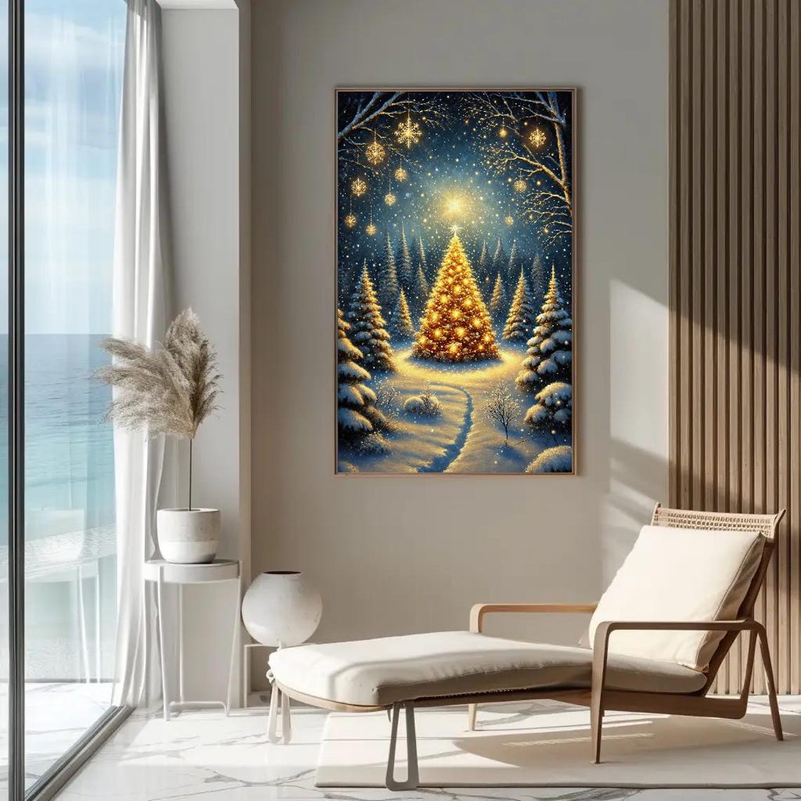Glowing Golden Christmas Tree Sparkling In Snowy Night Forest Poster - Image 4