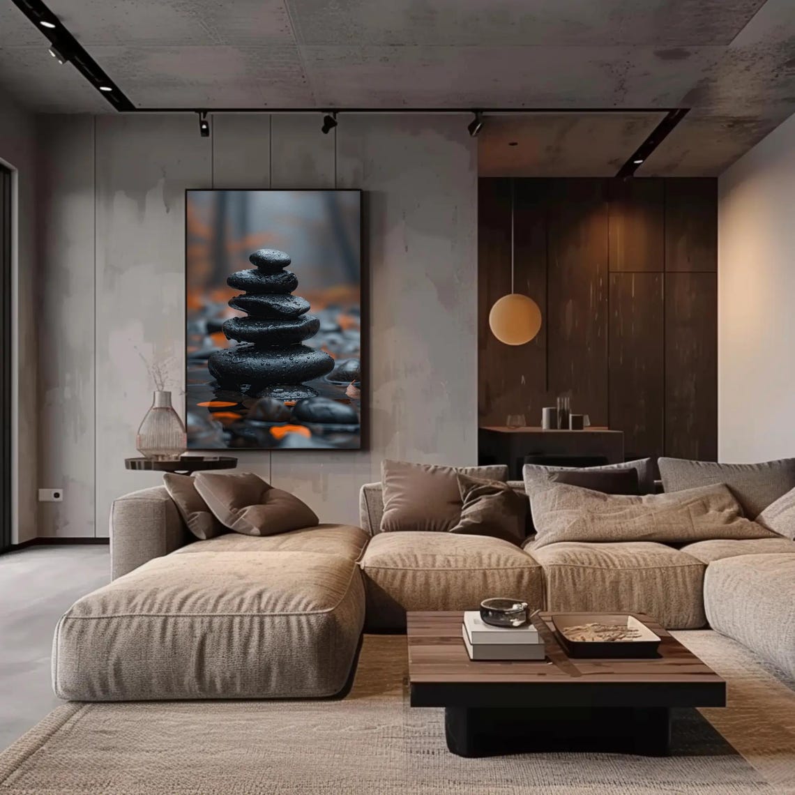 Balanced Black Zen Stones Cairn With Water Droplets Art Print - Image 2