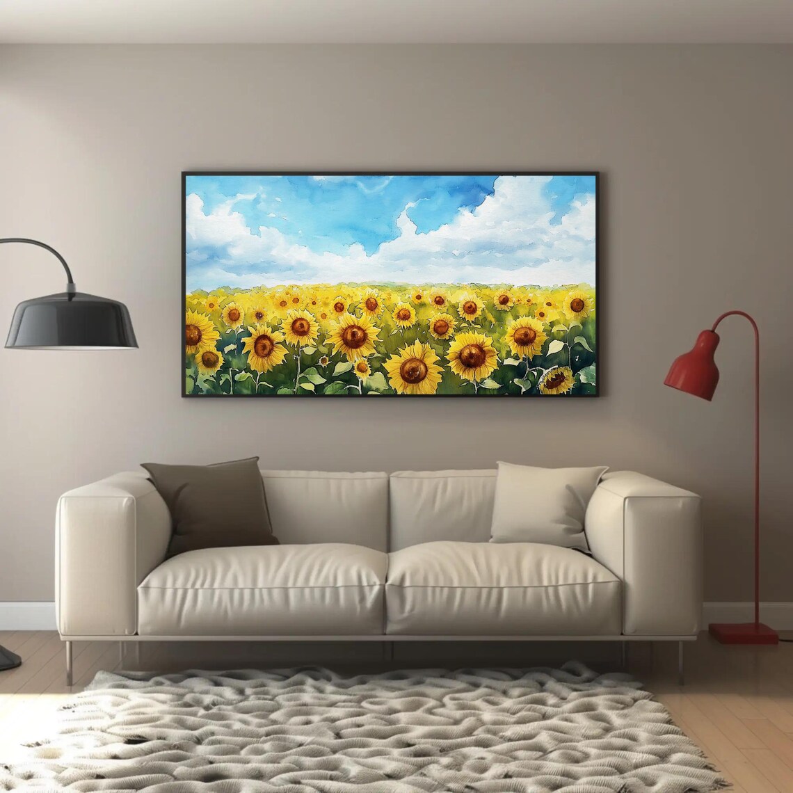 Sunflower Field Under Blue Sky Watercolor Floral Bloom Poster - Image 3
