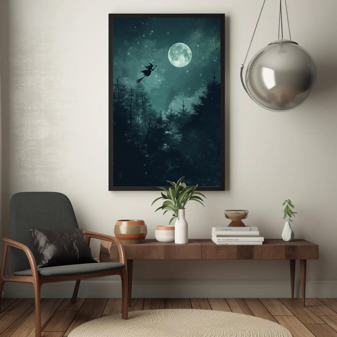 Witch Flying On Broomstick Past Full Moon Halloween Night Poster - Image 2