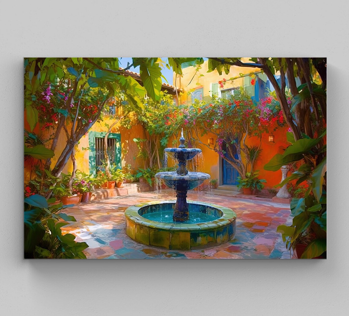 Mexican Backyard Garden Art Print, Colorful Decor