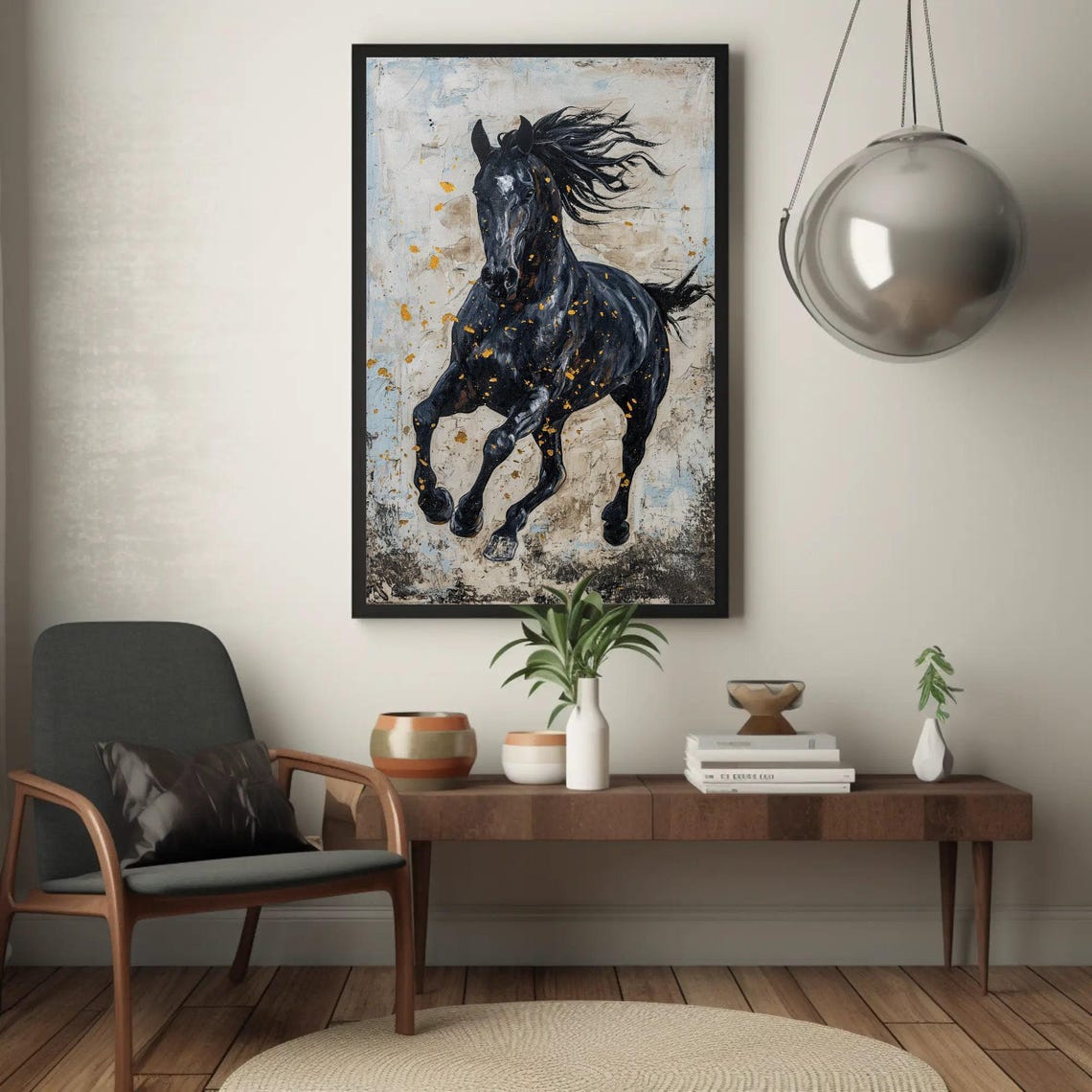 Black Stallion Galloping With Gold Flecks Abstract Horse Art Poster - Image 3